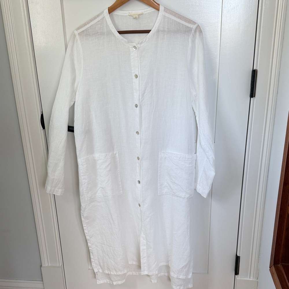 Eileen Fisher White Linen Button-Front Shirt Dress Tunic Small